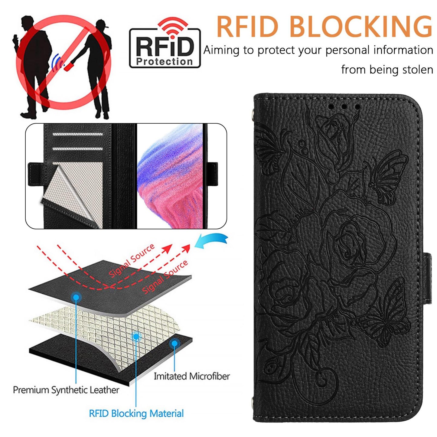 For vivo V50 Lite 5G Embossed Rose RFID Anti-theft Leather Phone Case(Black)