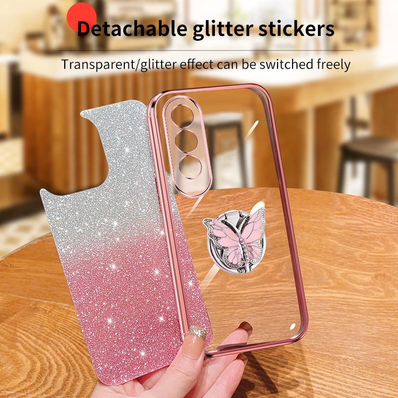 For OPPO K12 Plated Gradient Glitter Butterfly Holder TPU Phone Case(Black)