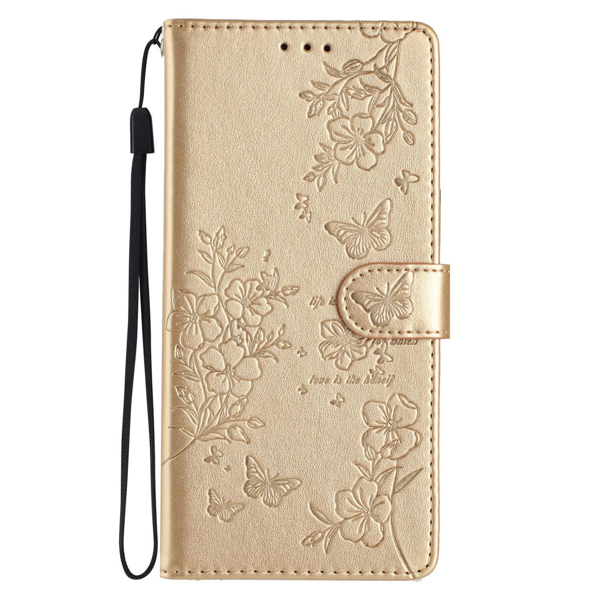 Compatible with iPhone 18 Pro Max Butterflies and Flowers Leather Phone Case - Gold