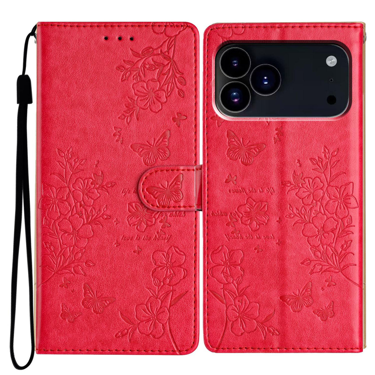 Compatible with iPhone 18 Pro Max Butterflies and Flowers Leather Phone Case - Red