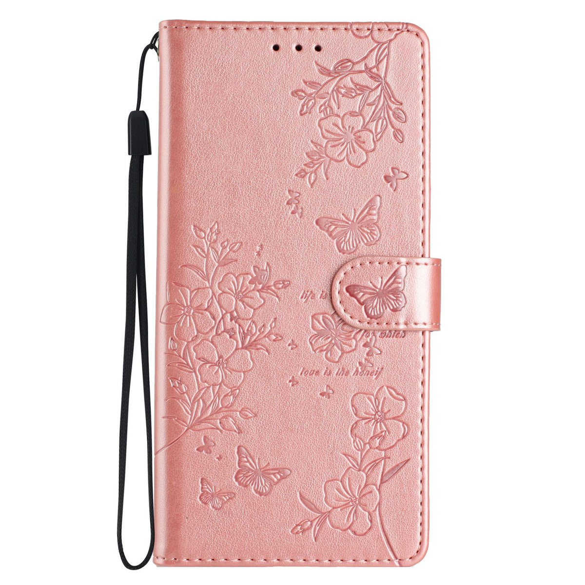 Compatible with iPhone 18 Pro Max Butterflies and Flowers Leather Phone Case - Rose Gold
