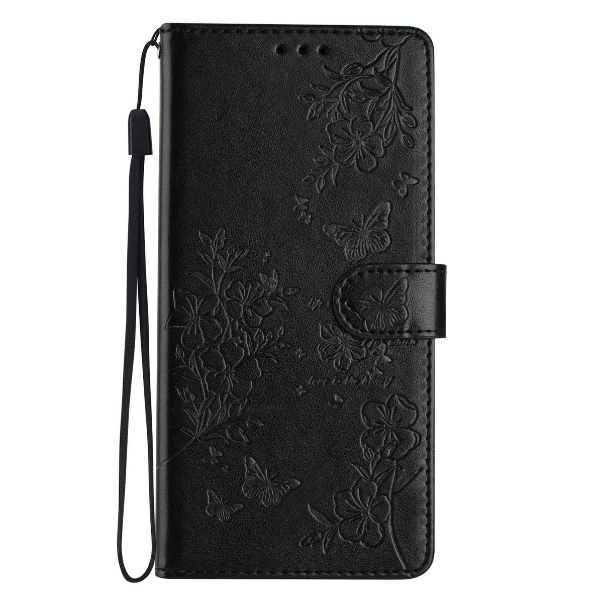 Compatible with iPhone 18 Pro Butterflies and Flowers Leather Phone Case - Black