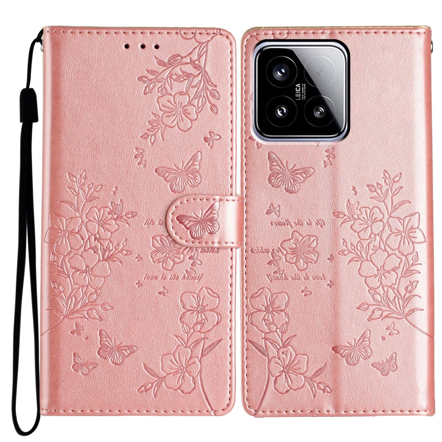 For Xiaomi 15 Butterflies and Flowers Leather Phone Case(Rose Gold)