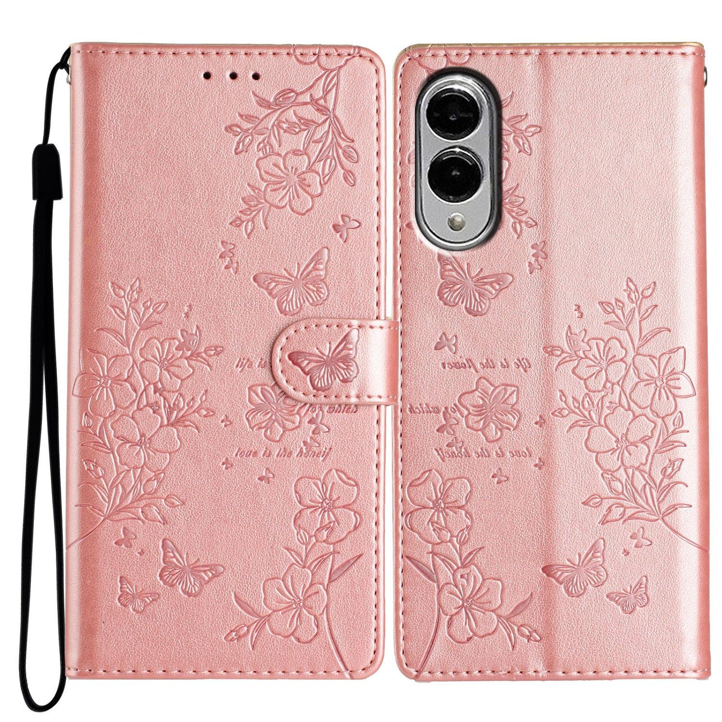 For Samsung Galaxy S25 Edge 5G Butterflies and Flowers Leather Phone Case(Rose Gold)