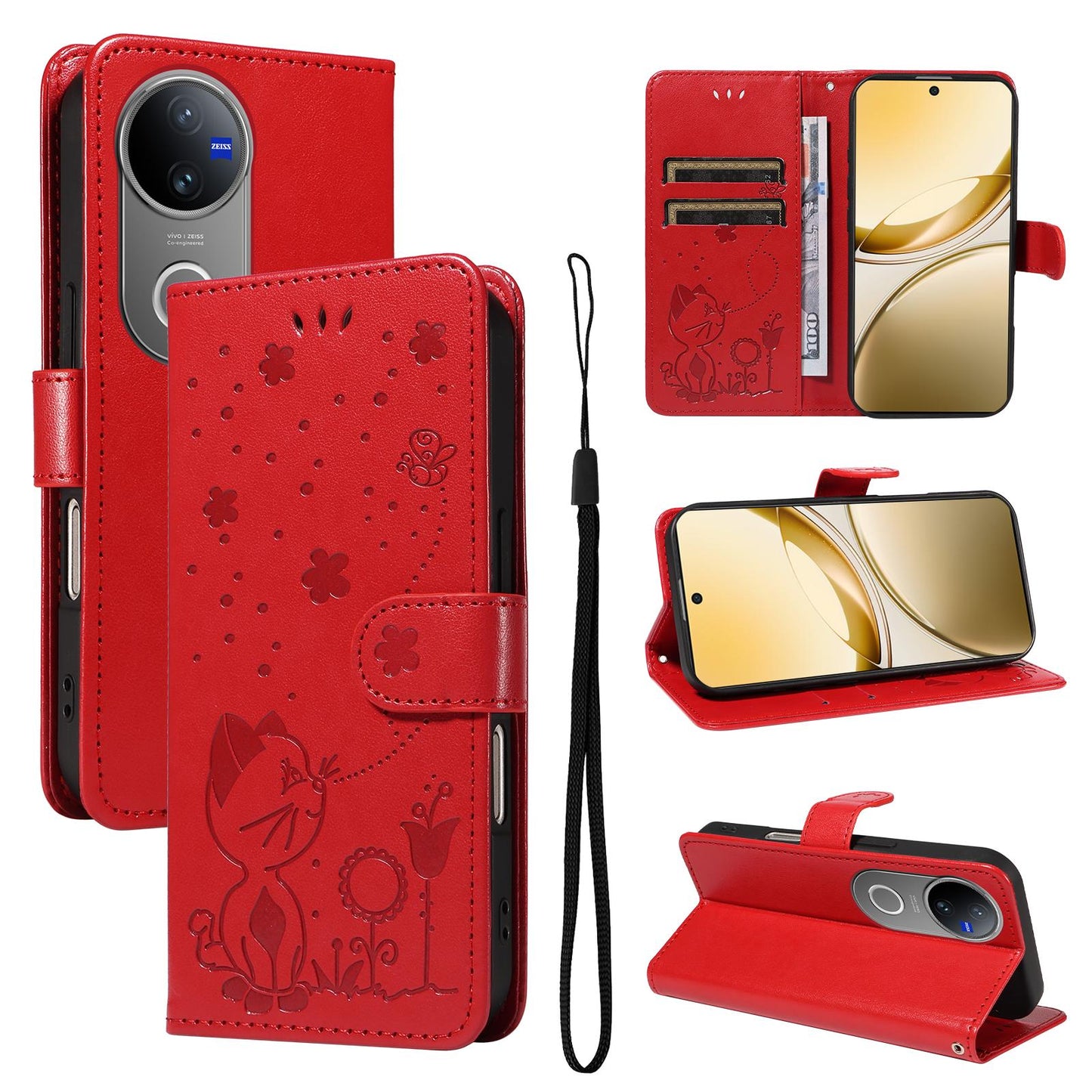 For vivo V50 5G Global Cat and Bee Embossed Flip Leather Phone Case(Red)