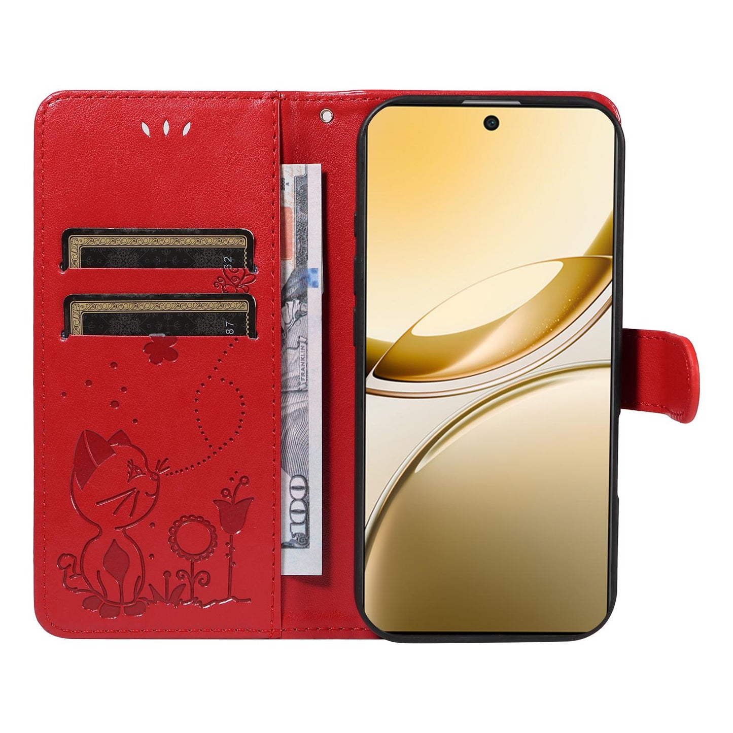 For vivo V50 5G Global Cat and Bee Embossed Flip Leather Phone Case(Red)