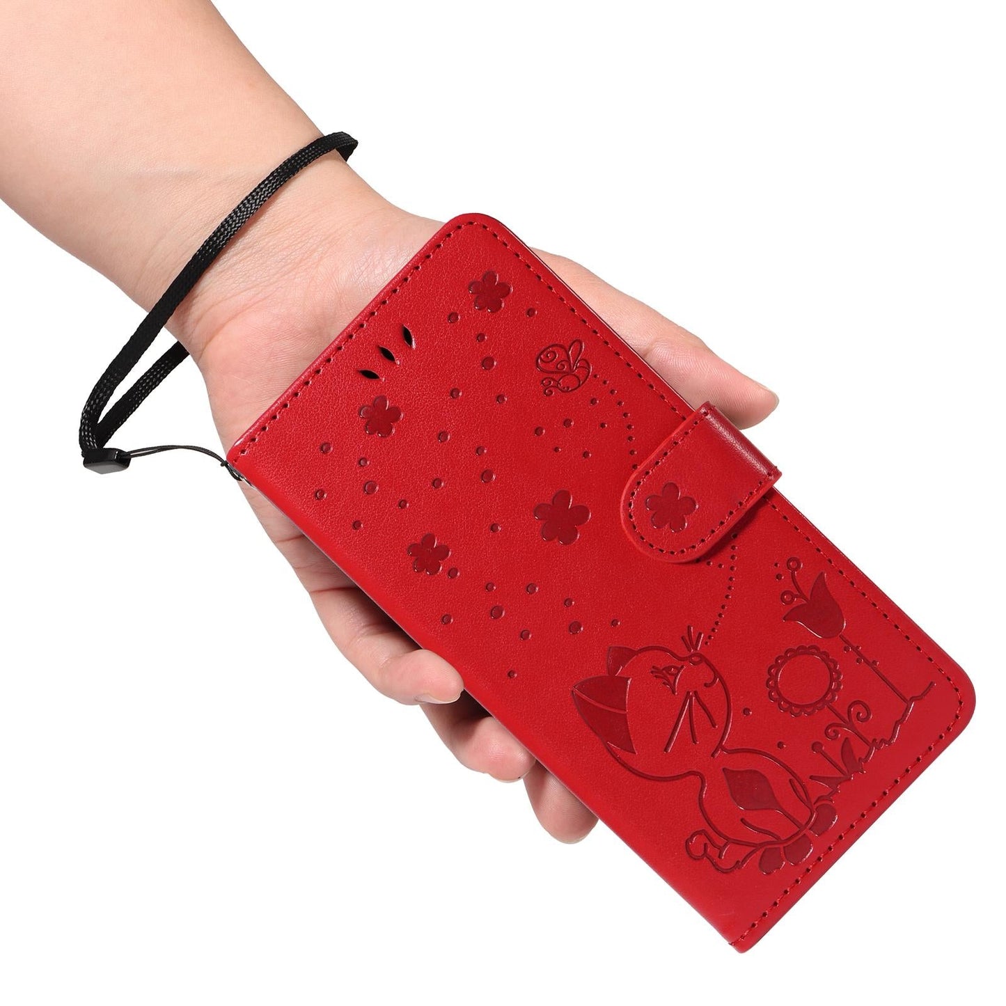 For vivo V50 5G Global Cat and Bee Embossed Flip Leather Phone Case(Red)