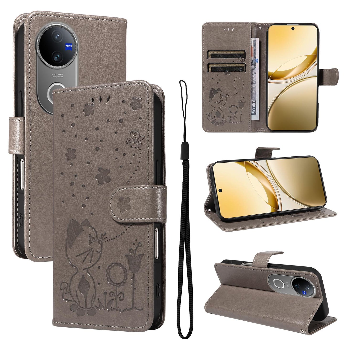 For vivo V50 5G Global Cat and Bee Embossed Flip Leather Phone Case(Grey)