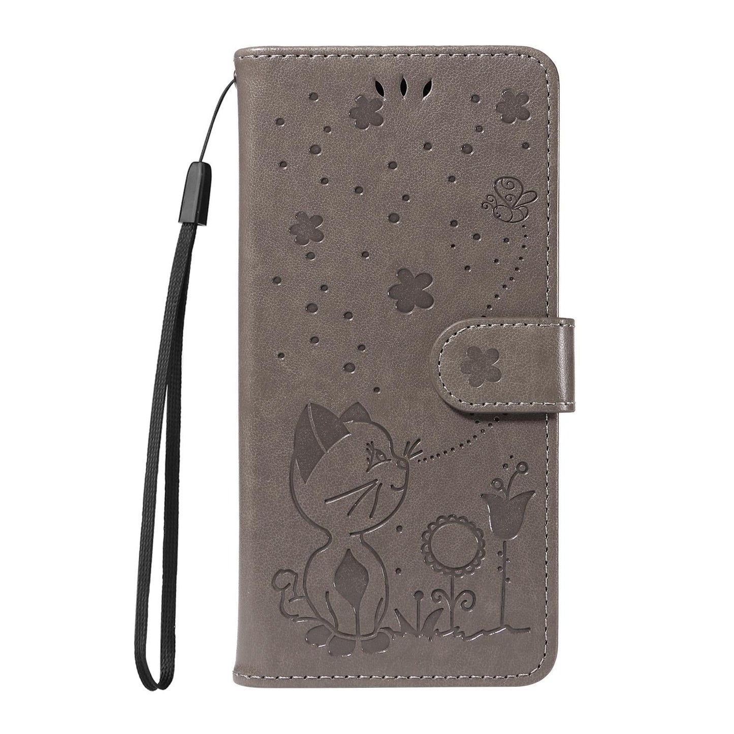 For vivo V50 5G Global Cat and Bee Embossed Flip Leather Phone Case(Grey)