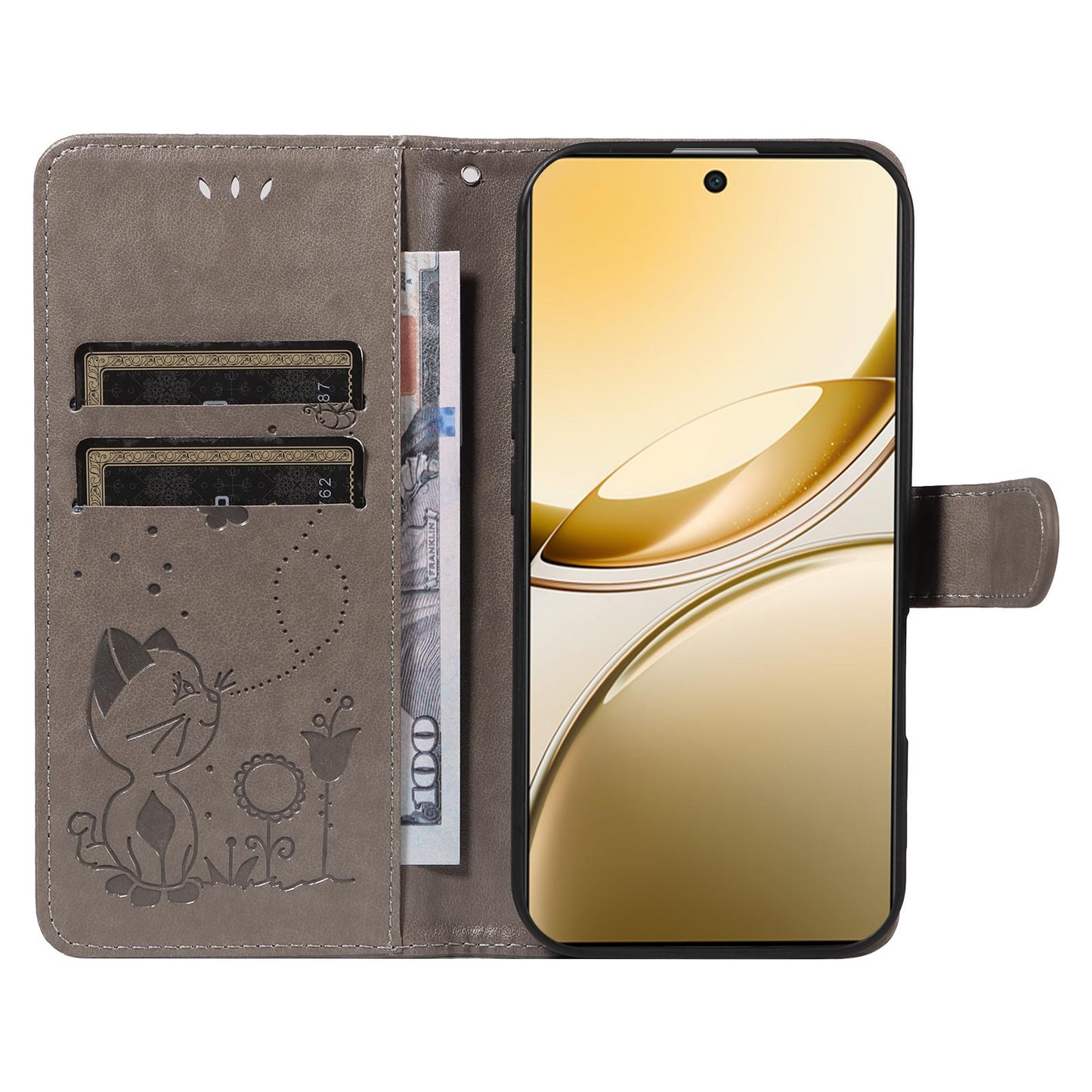For vivo V50 5G Global Cat and Bee Embossed Flip Leather Phone Case(Grey)