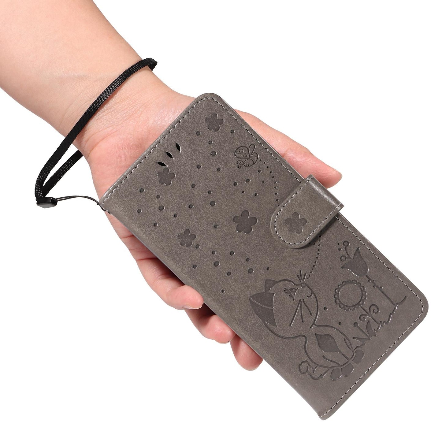 For vivo V50 5G Global Cat and Bee Embossed Flip Leather Phone Case(Grey)