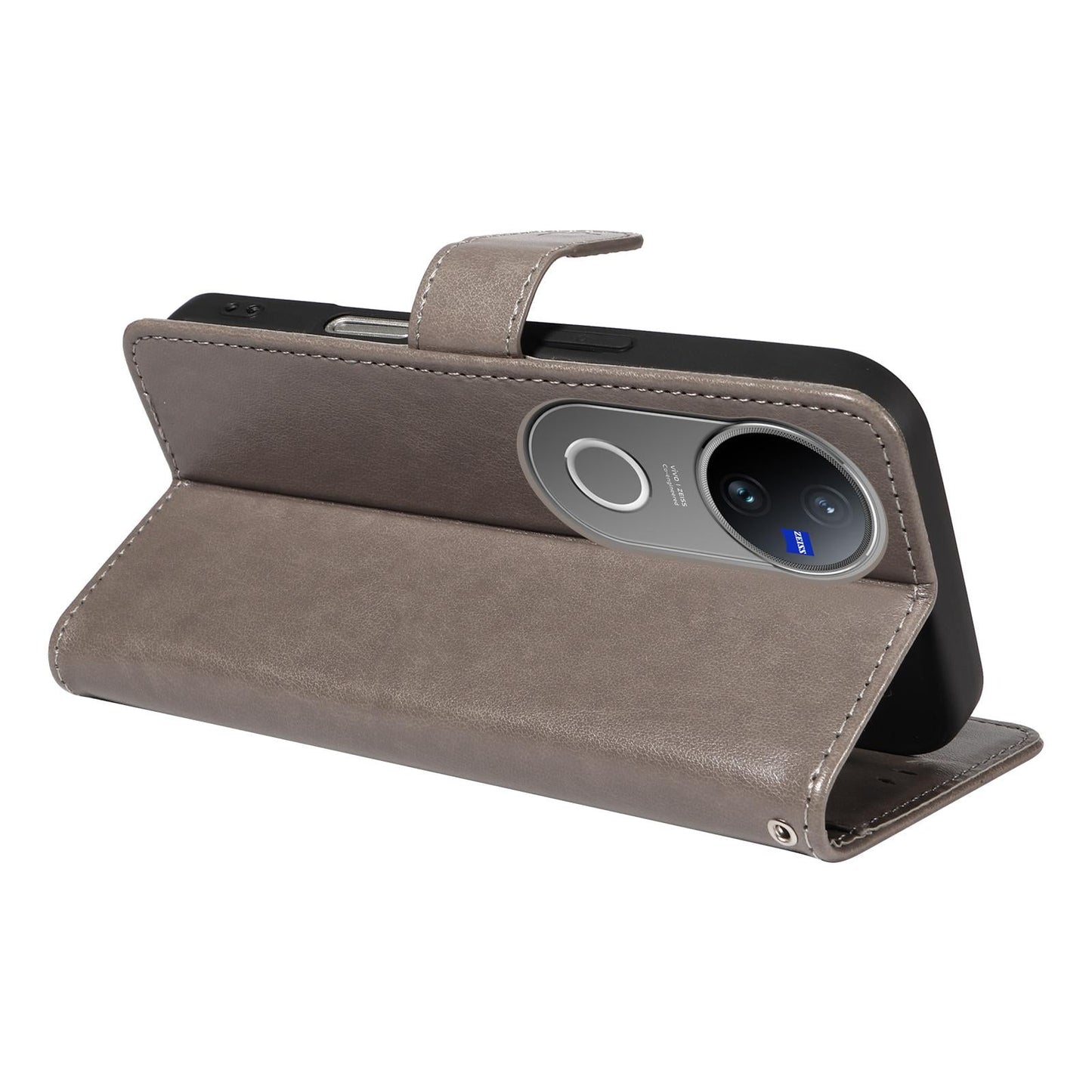 For vivo V50 5G Global Cat and Bee Embossed Flip Leather Phone Case(Grey)