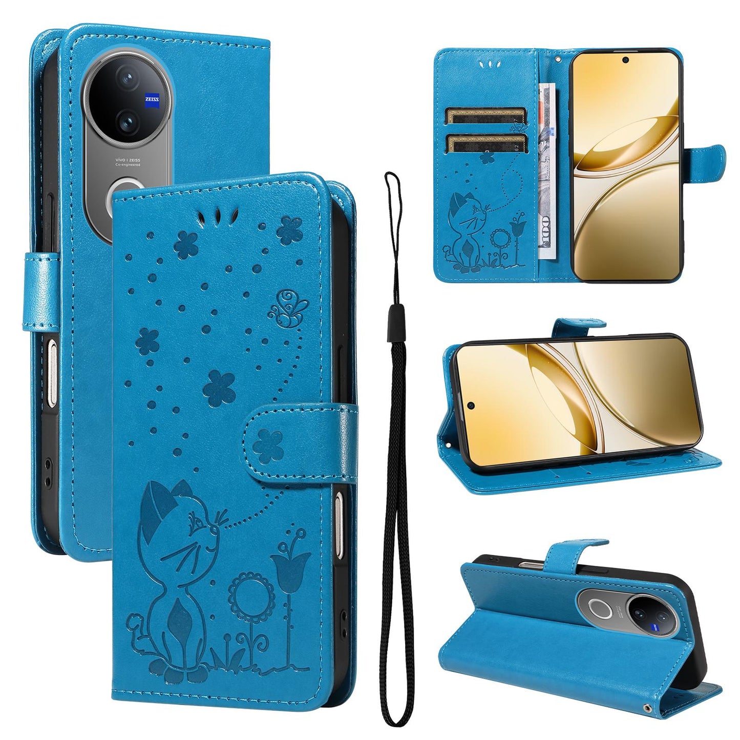 For vivo V50 5G Global Cat and Bee Embossed Flip Leather Phone Case(Blue)