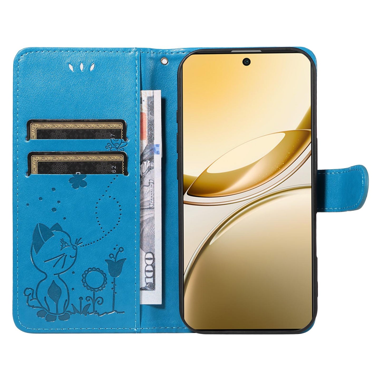 For vivo V50 5G Global Cat and Bee Embossed Flip Leather Phone Case(Blue)