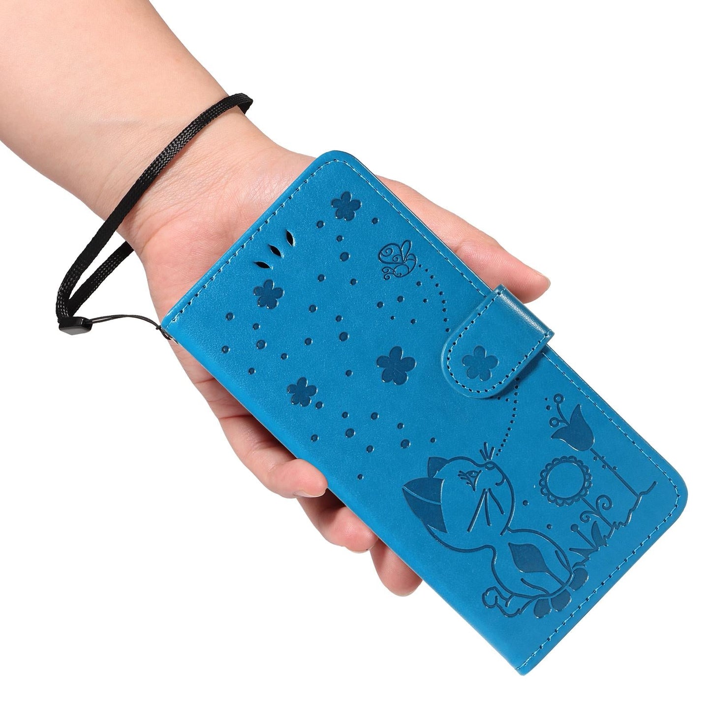 For vivo V50 5G Global Cat and Bee Embossed Flip Leather Phone Case(Blue)