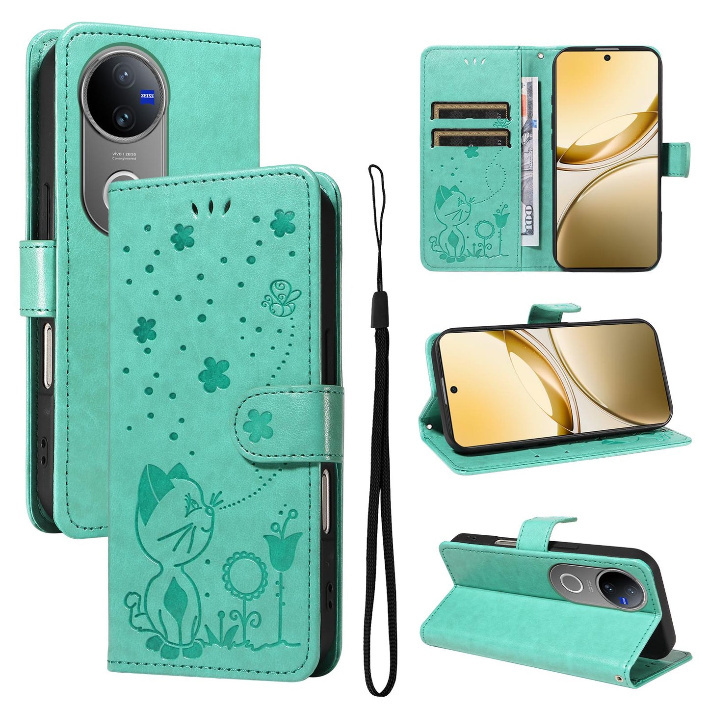 For vivo V50 5G Global Cat and Bee Embossed Flip Leather Phone Case(Green)