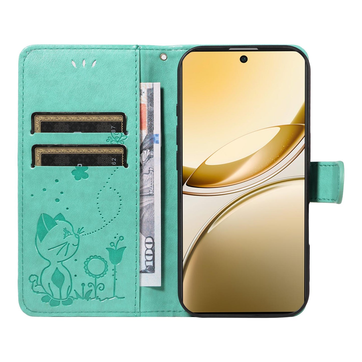 For vivo V50 5G Global Cat and Bee Embossed Flip Leather Phone Case(Green)