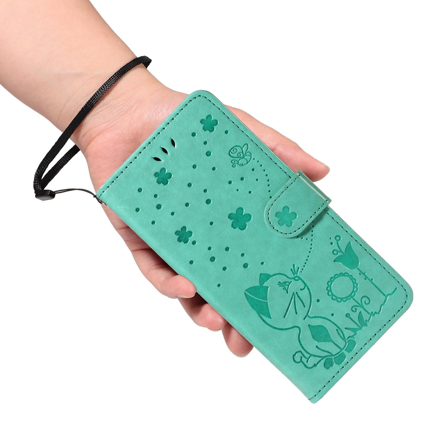 For vivo V50 5G Global Cat and Bee Embossed Flip Leather Phone Case(Green)