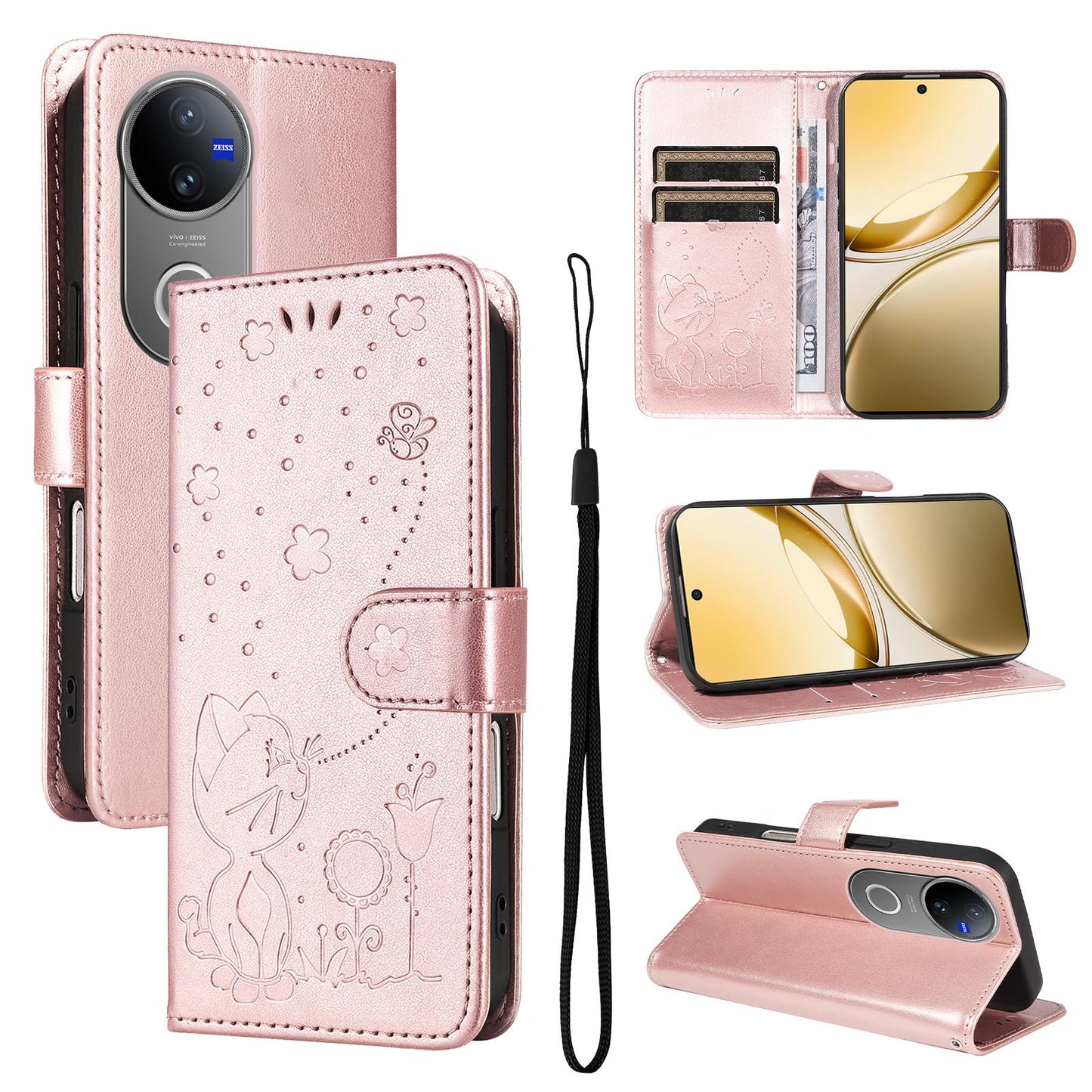 For vivo V50 5G Global Cat and Bee Embossed Flip Leather Phone Case(Rose Gold)