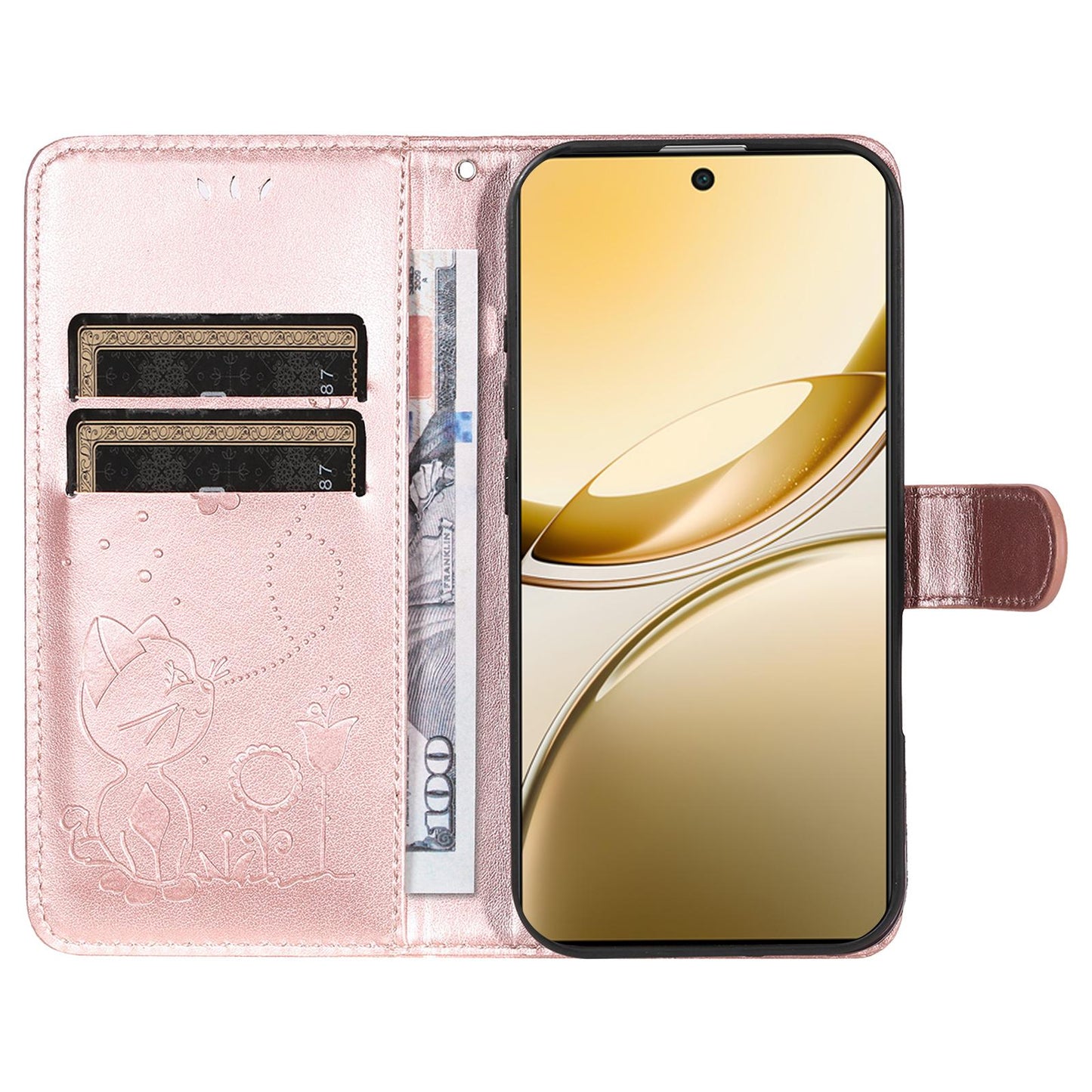 For vivo V50 5G Global Cat and Bee Embossed Flip Leather Phone Case(Rose Gold)