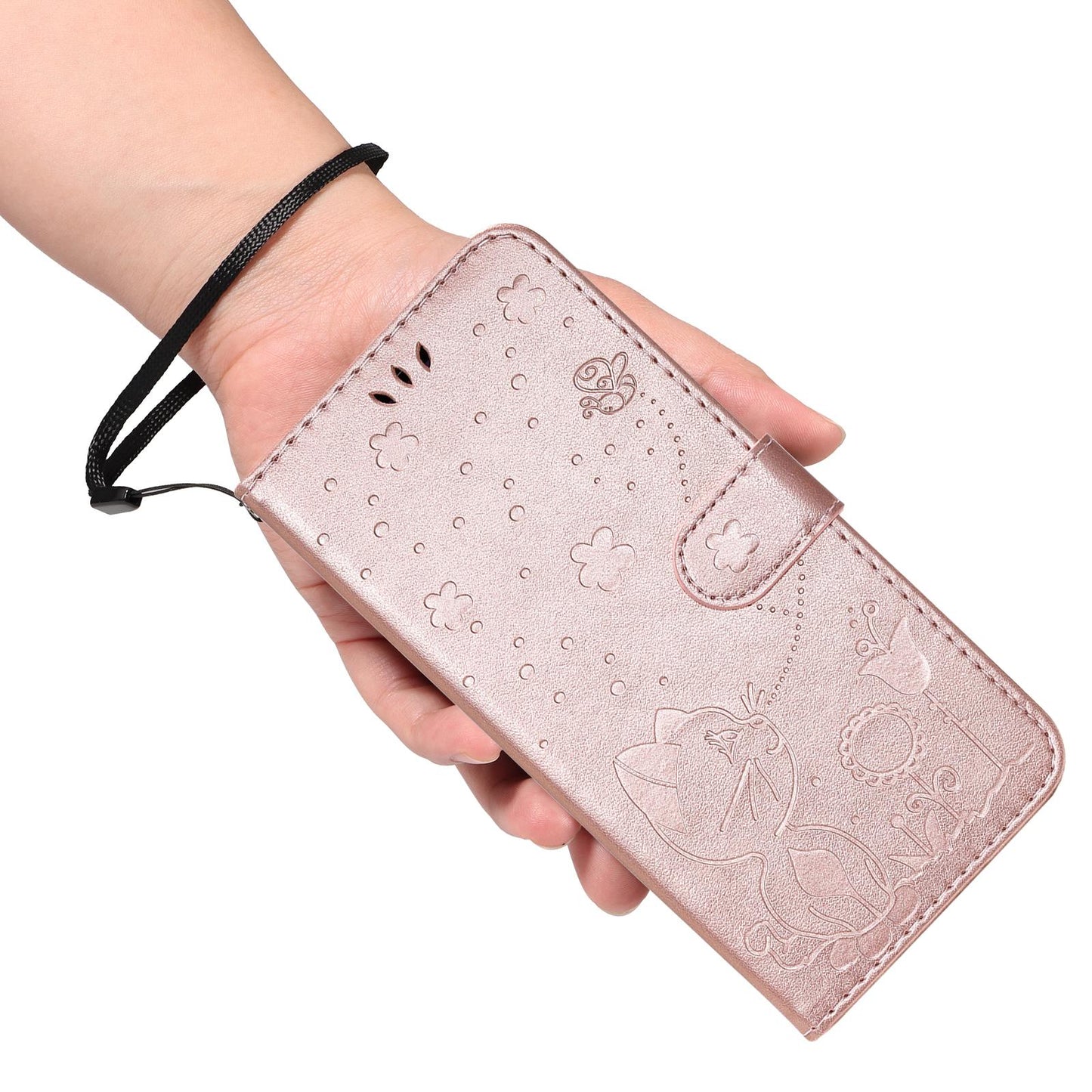 For vivo V50 5G Global Cat and Bee Embossed Flip Leather Phone Case(Rose Gold)