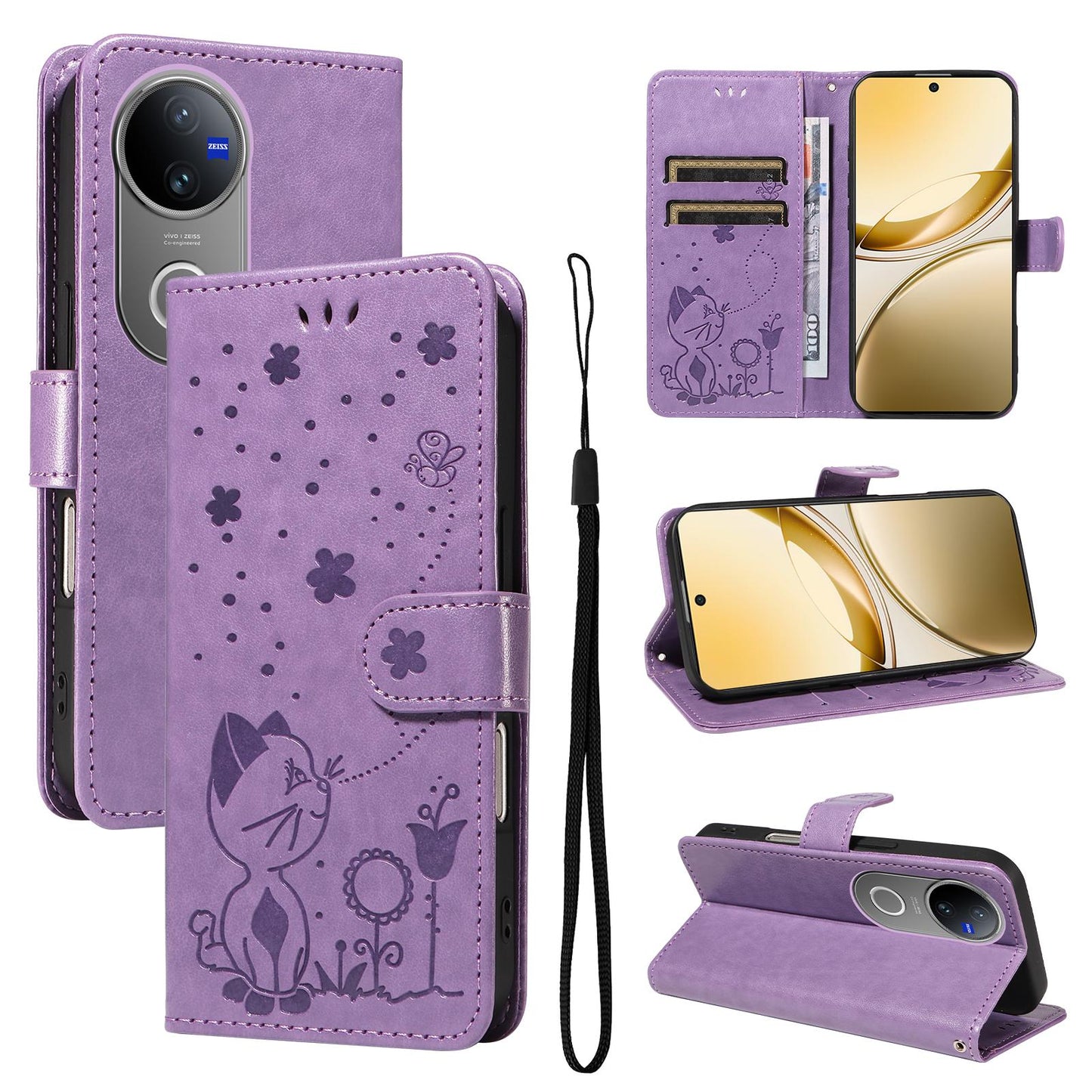 For vivo V50 5G Global Cat and Bee Embossed Flip Leather Phone Case(Purple)