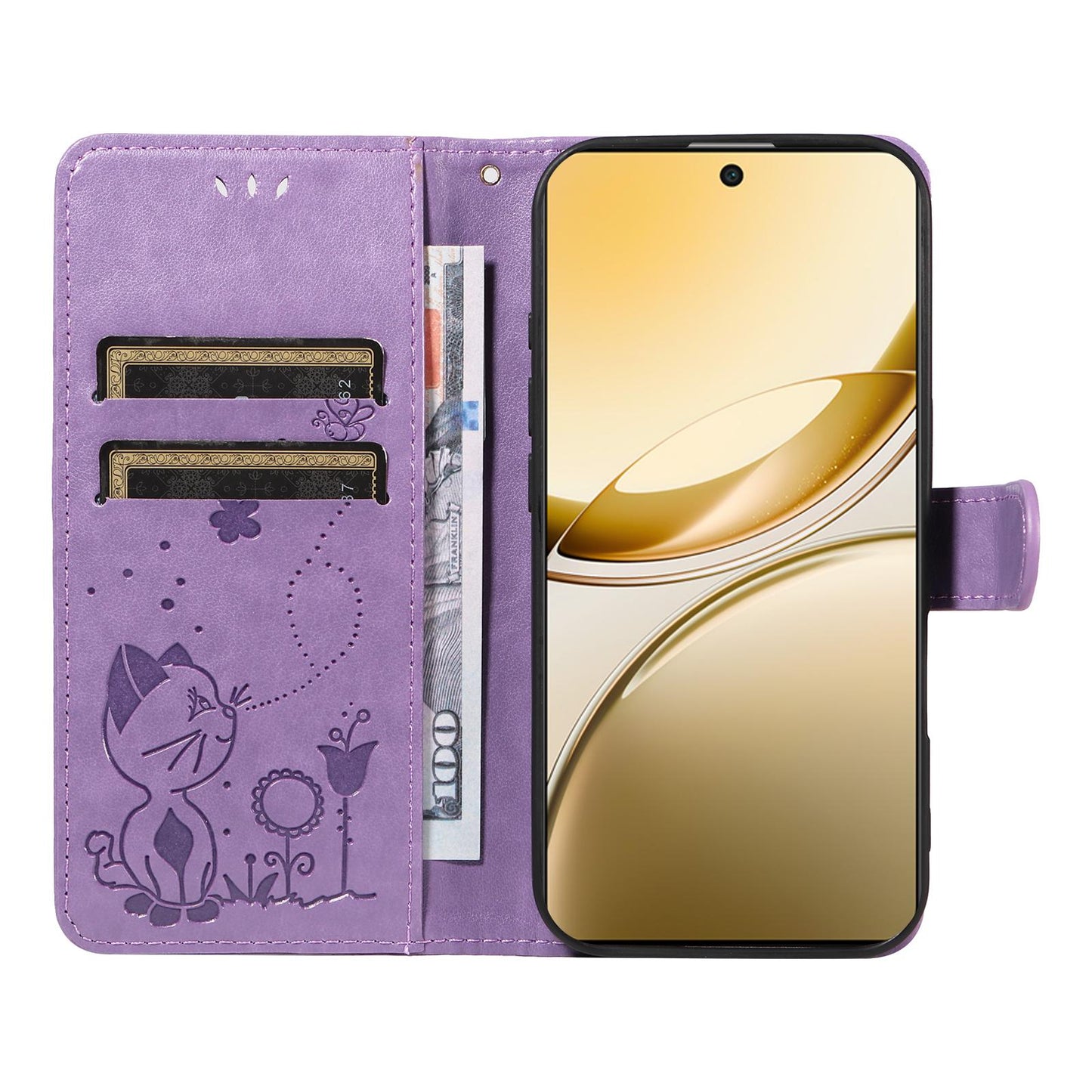For vivo V50 5G Global Cat and Bee Embossed Flip Leather Phone Case(Purple)