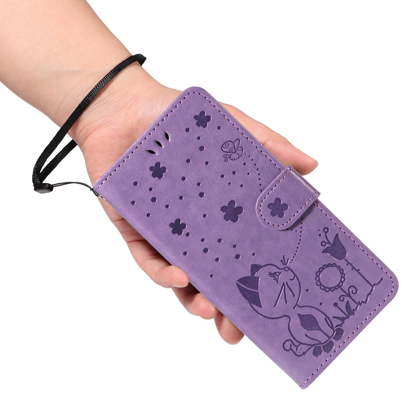 For vivo V50 5G Global Cat and Bee Embossed Flip Leather Phone Case(Purple)