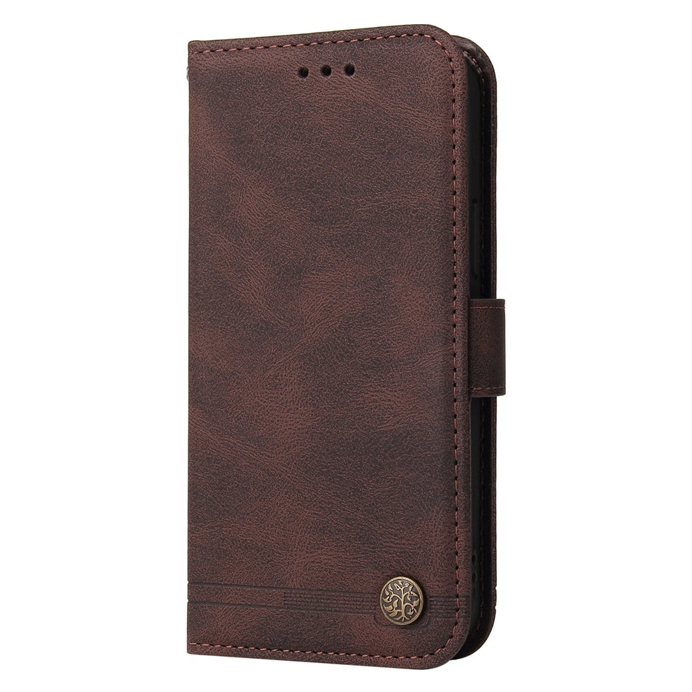 For Redmi 14C 4G Skin Feel Life Tree Metal Button Leather Phone Case(Brown)