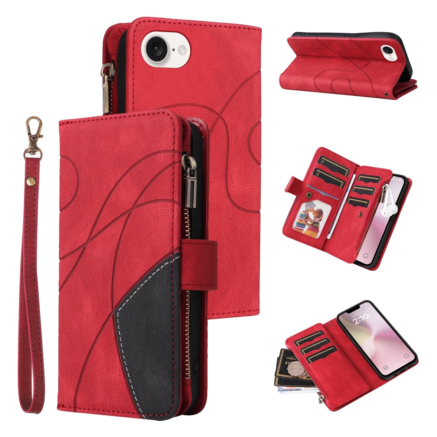 For iPhone 16e Dual-color 9 Card Slots Zipper Wallet Leather Phone Case(Red)