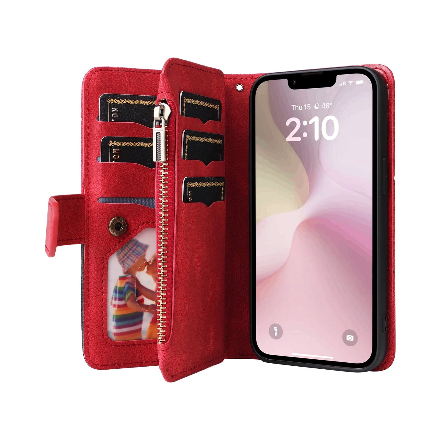 For iPhone 16e Dual-color 9 Card Slots Zipper Wallet Leather Phone Case(Red)