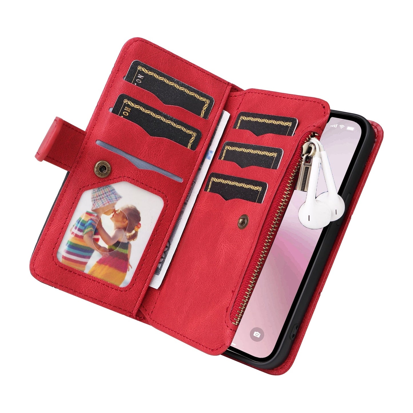 For iPhone 16e Dual-color 9 Card Slots Zipper Wallet Leather Phone Case(Red)