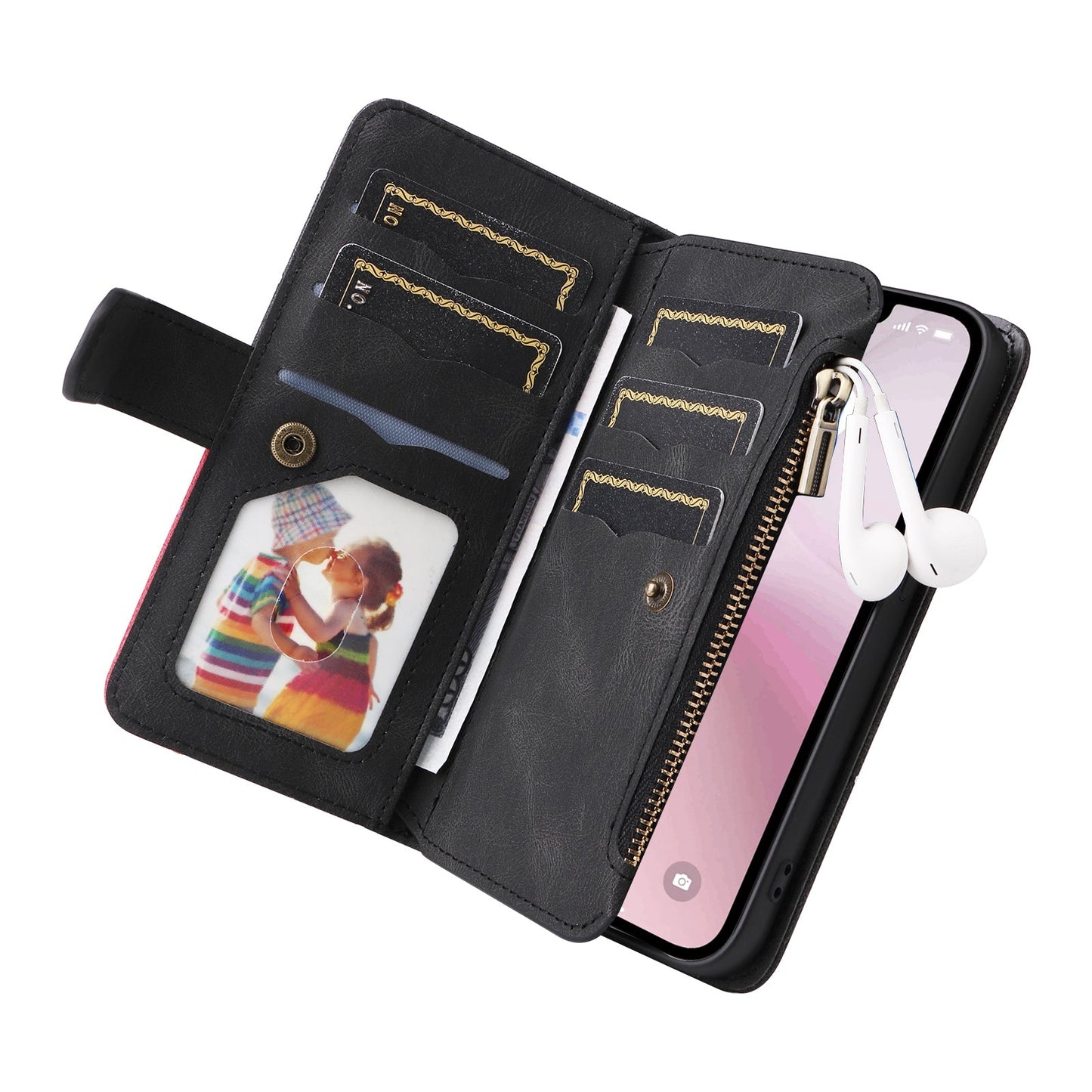 For iPhone 16e Dual-color 9 Card Slots Zipper Wallet Leather Phone Case(Black)