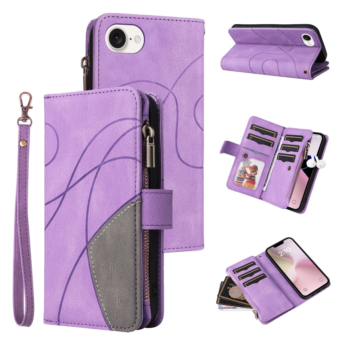 For iPhone 16e Dual-color 9 Card Slots Zipper Wallet Leather Phone Case(Purple)