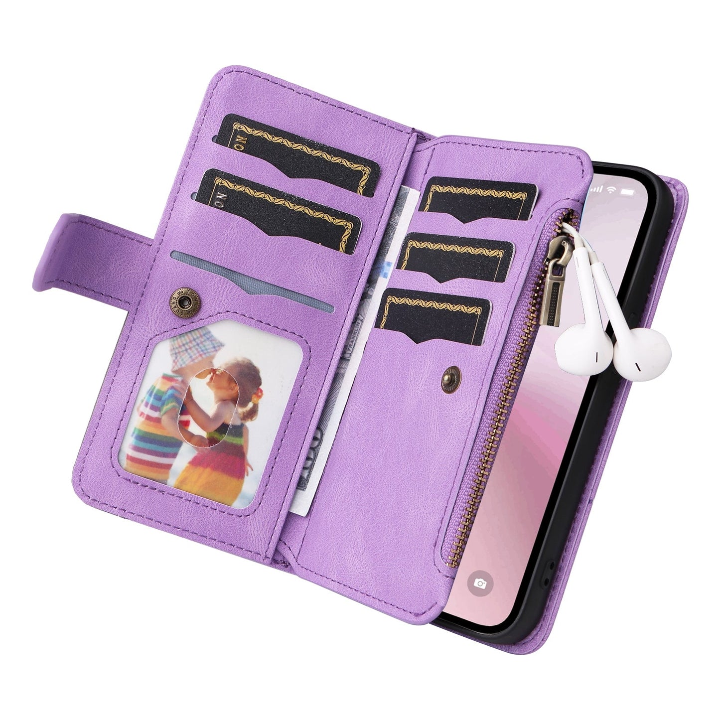 For iPhone 16e Dual-color 9 Card Slots Zipper Wallet Leather Phone Case(Purple)