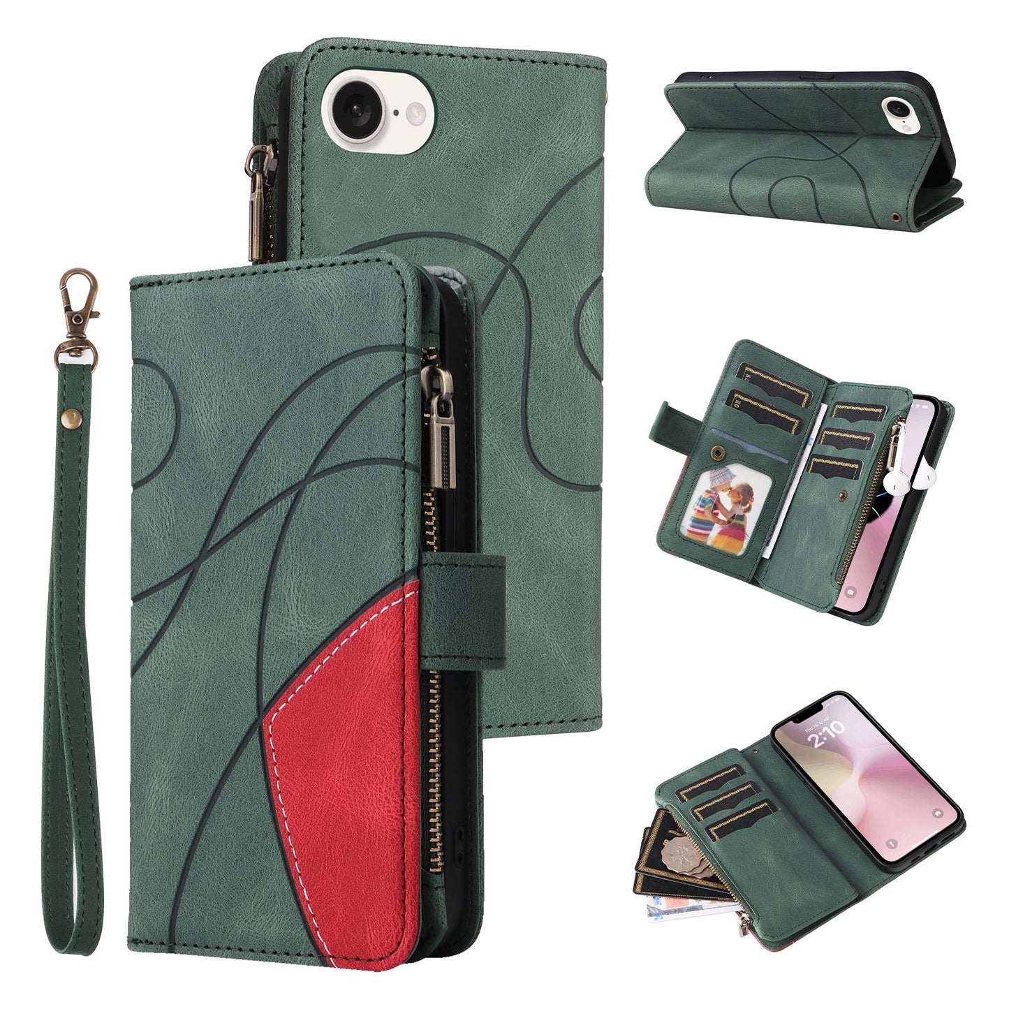 For iPhone 16e Dual-color 9 Card Slots Zipper Wallet Leather Phone Case(Green)