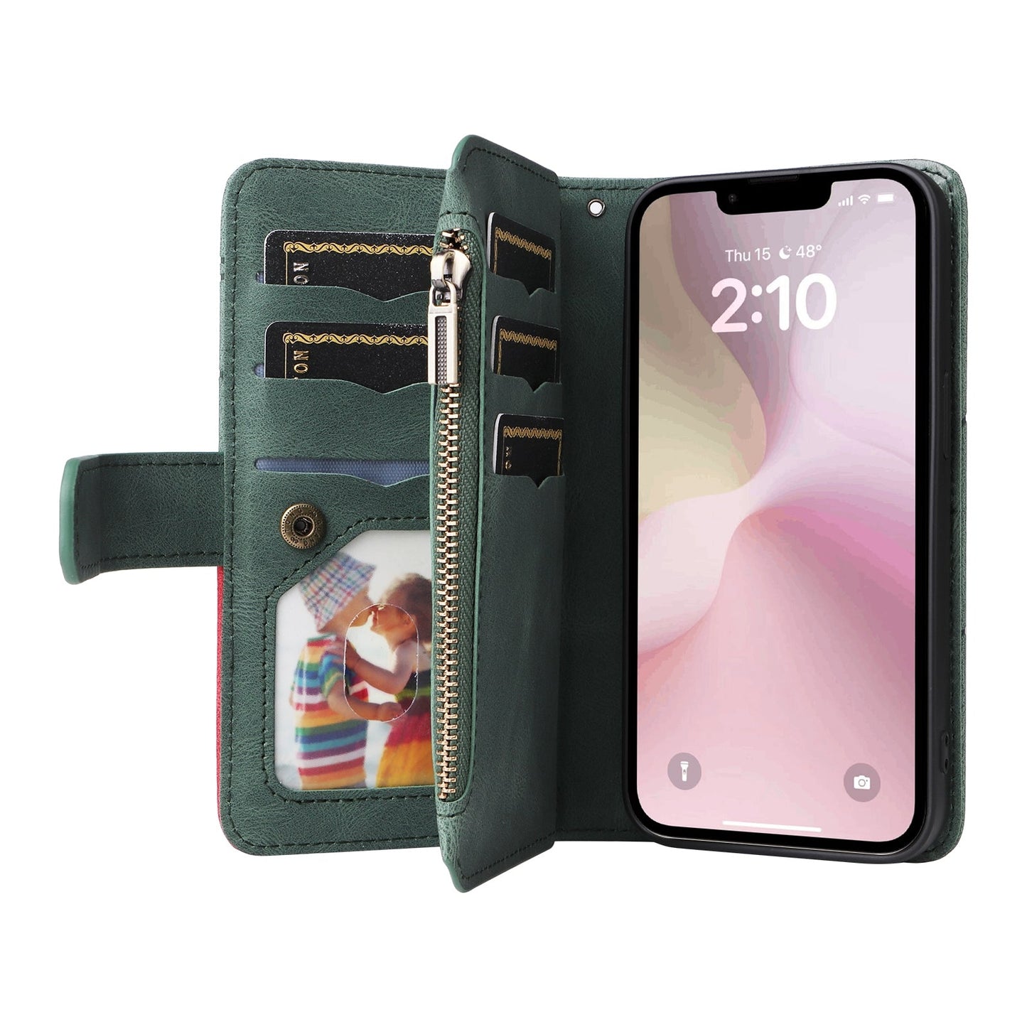 For iPhone 16e Dual-color 9 Card Slots Zipper Wallet Leather Phone Case(Green)