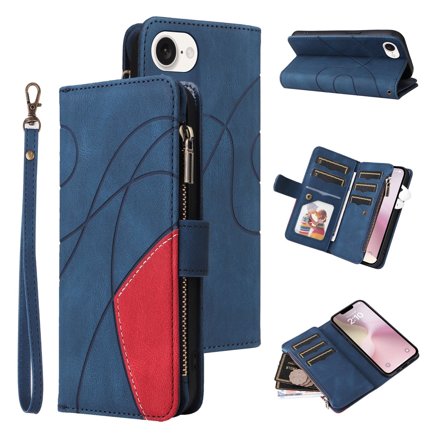 For iPhone 16e Dual-color 9 Card Slots Zipper Wallet Leather Phone Case(Blue)