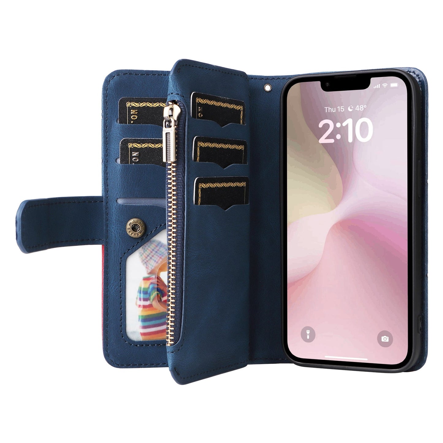 For iPhone 16e Dual-color 9 Card Slots Zipper Wallet Leather Phone Case(Blue)