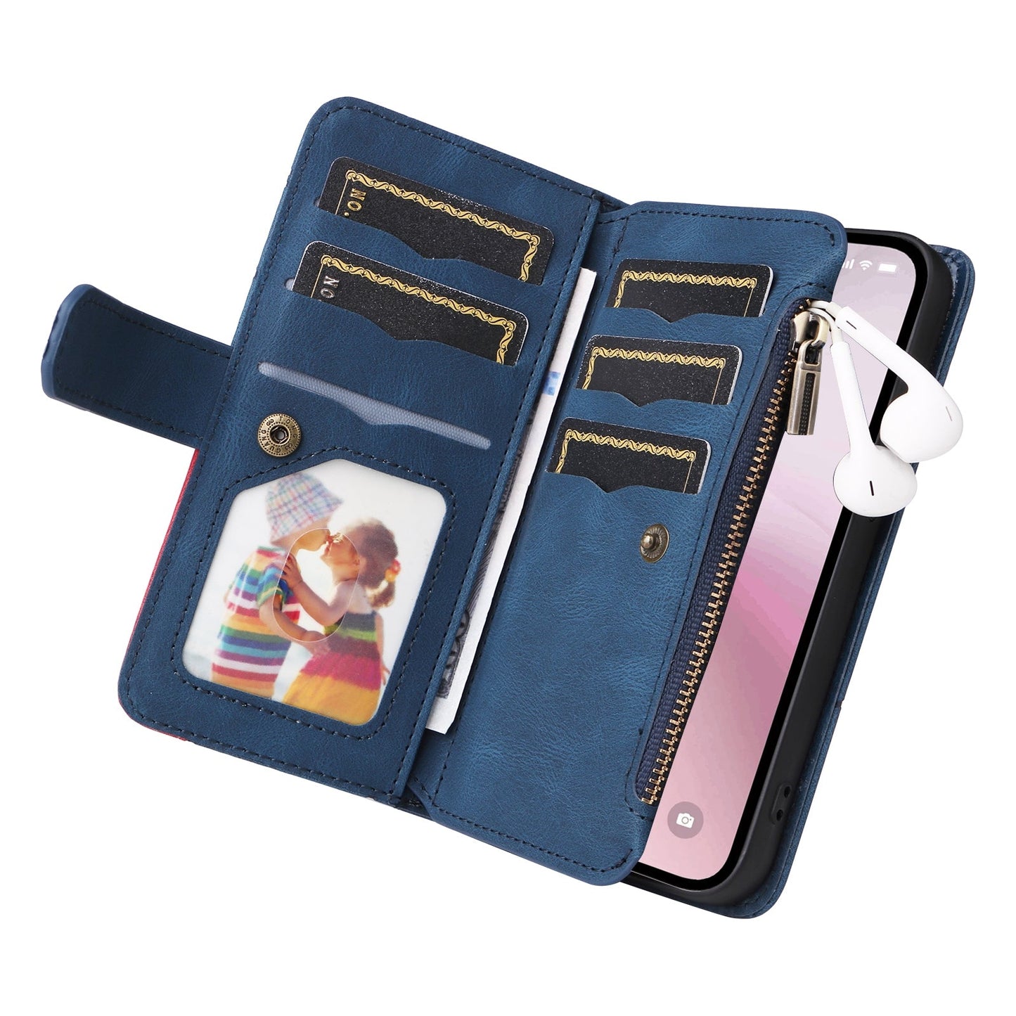 For iPhone 16e Dual-color 9 Card Slots Zipper Wallet Leather Phone Case(Blue)