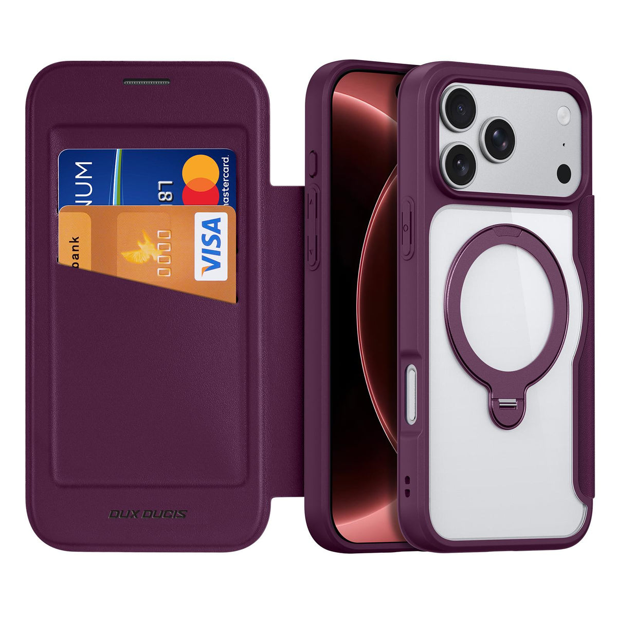 Compatible with iPhone 18 Pro & 17 Pro DUX DUCIS Skin X Pro Series MagSafe Ring Holder Leather Phone Case - Cherry Red