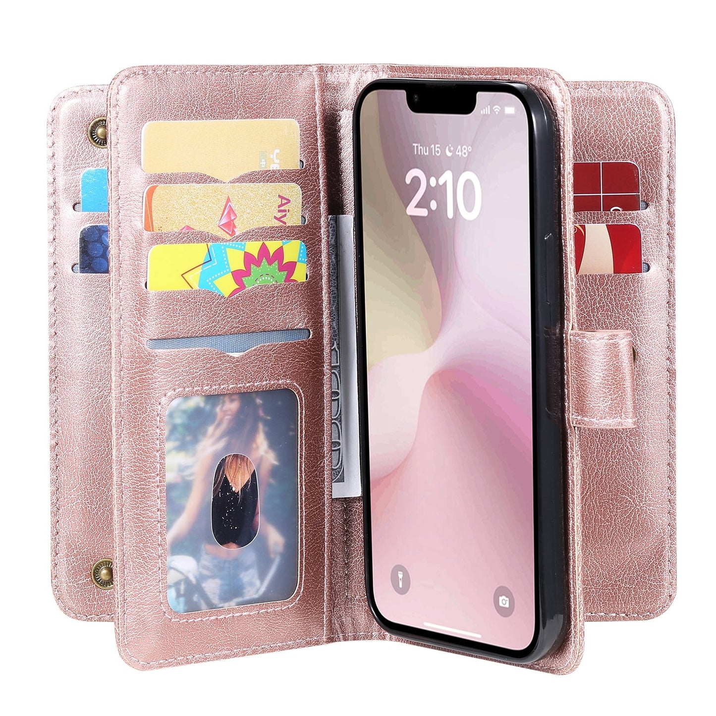 For iPhone 16e Multi-Function Wallet 10 Card Slots Leather Phone Case(Rose Gold)