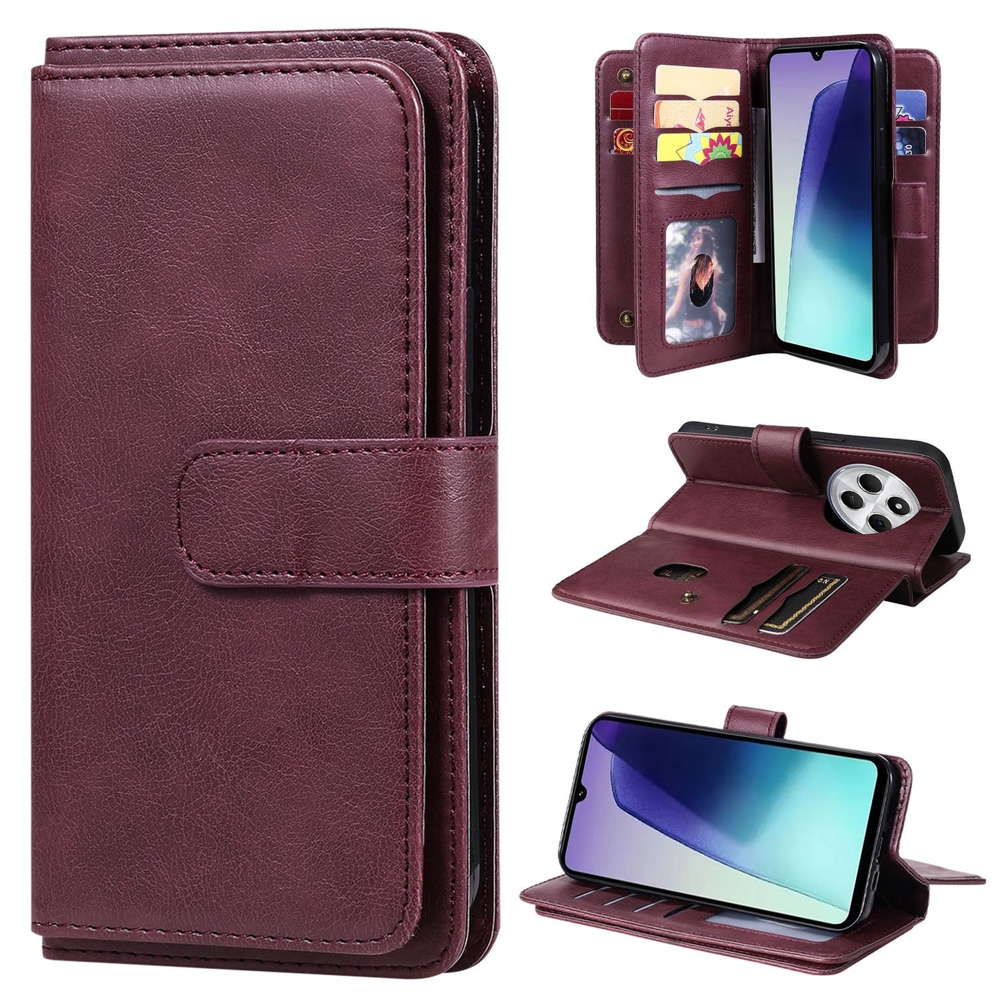 For Redmi 14C 4G Global Multi-Function Wallet 10 Card Slots Leather Phone Case(Claret)
