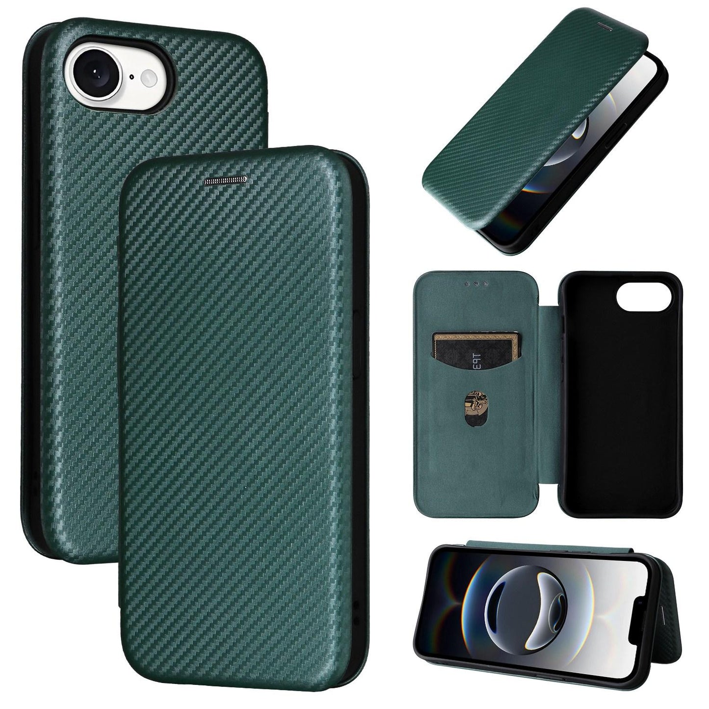 For iPhone 16e Carbon Fiber Texture Flip Leather Phone Case(Green)