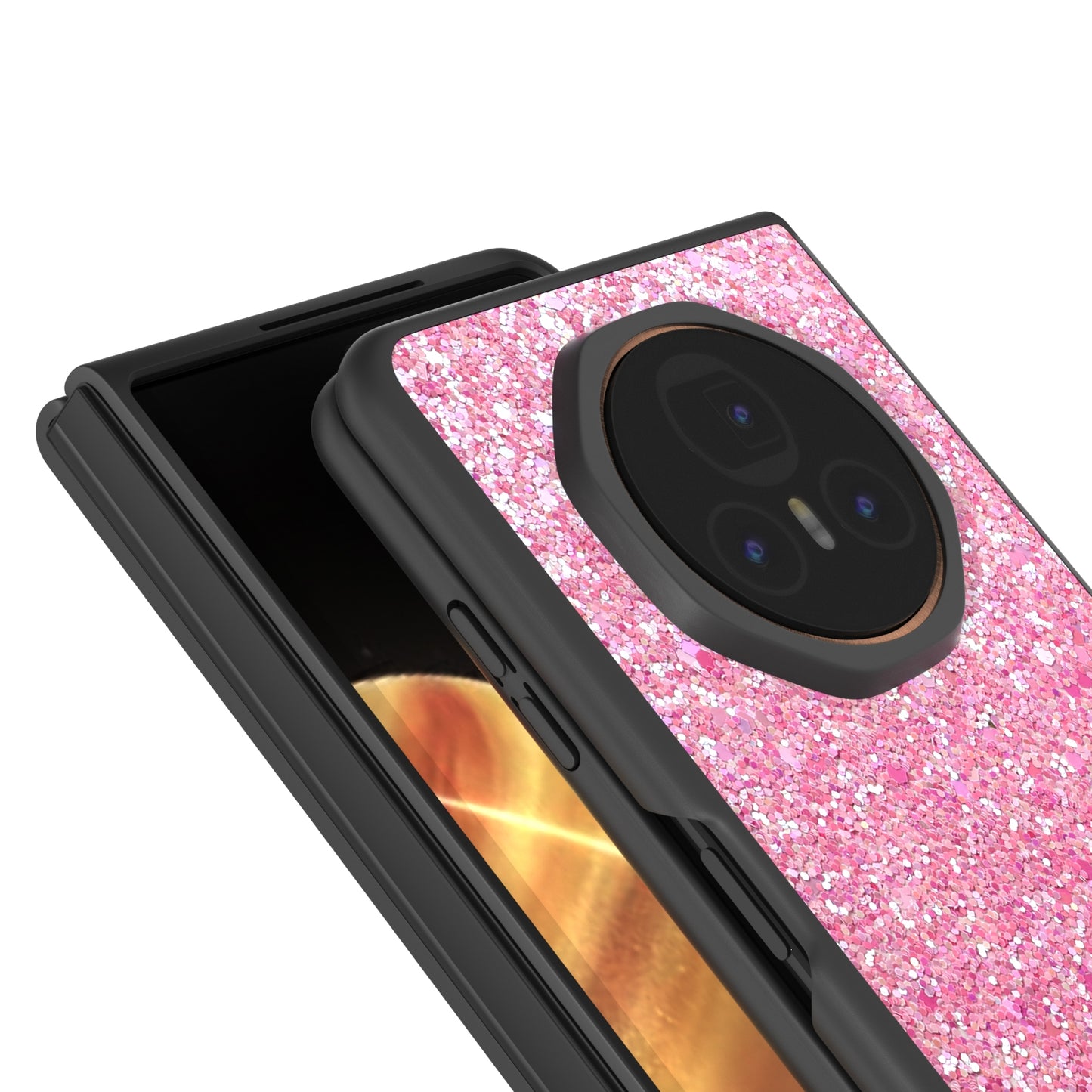 For Honor Magic V3 Black Frame Colorful Glitter Phone Case(Purple Pink)