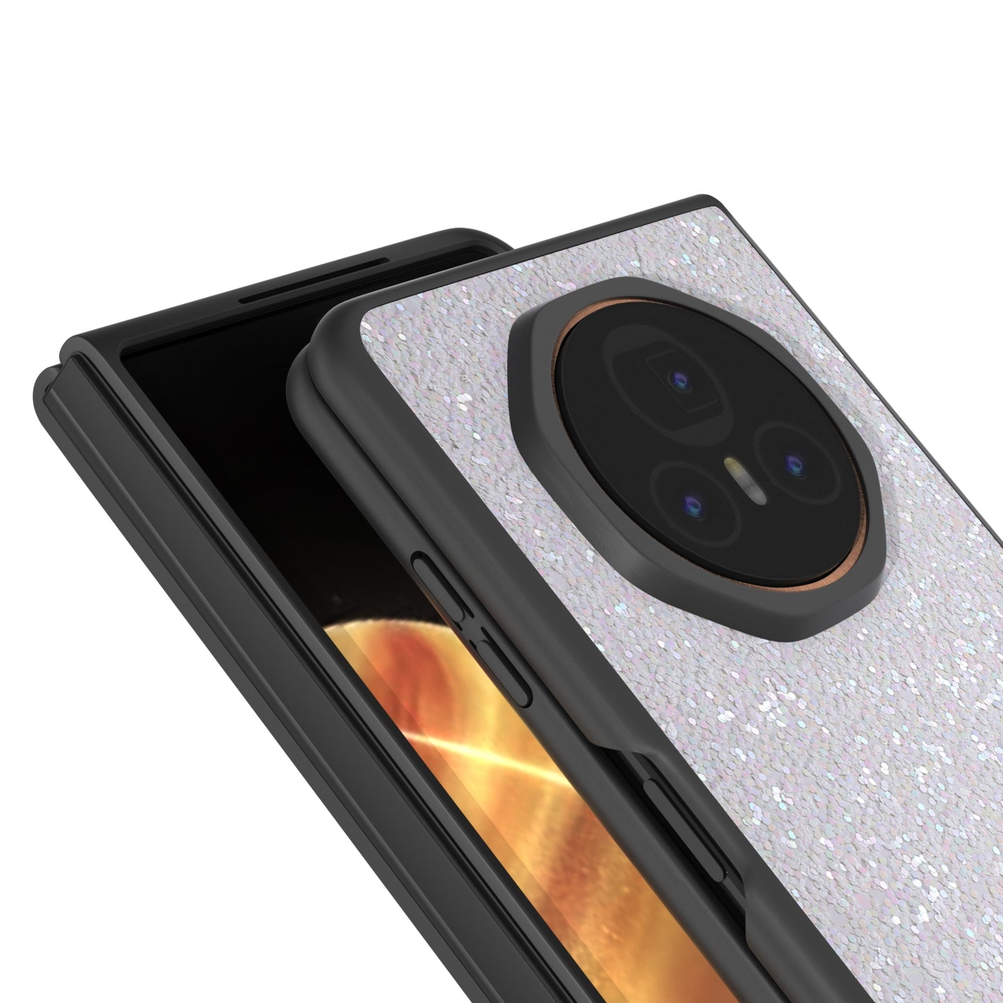 For Honor Magic V3 Black Frame Colorful Glitter Phone Case(White)