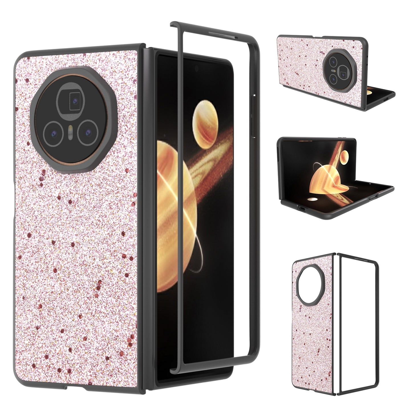 For Honor Magic V3 Black Frame Glitter Shockproof Phone Case(Gold Pink)