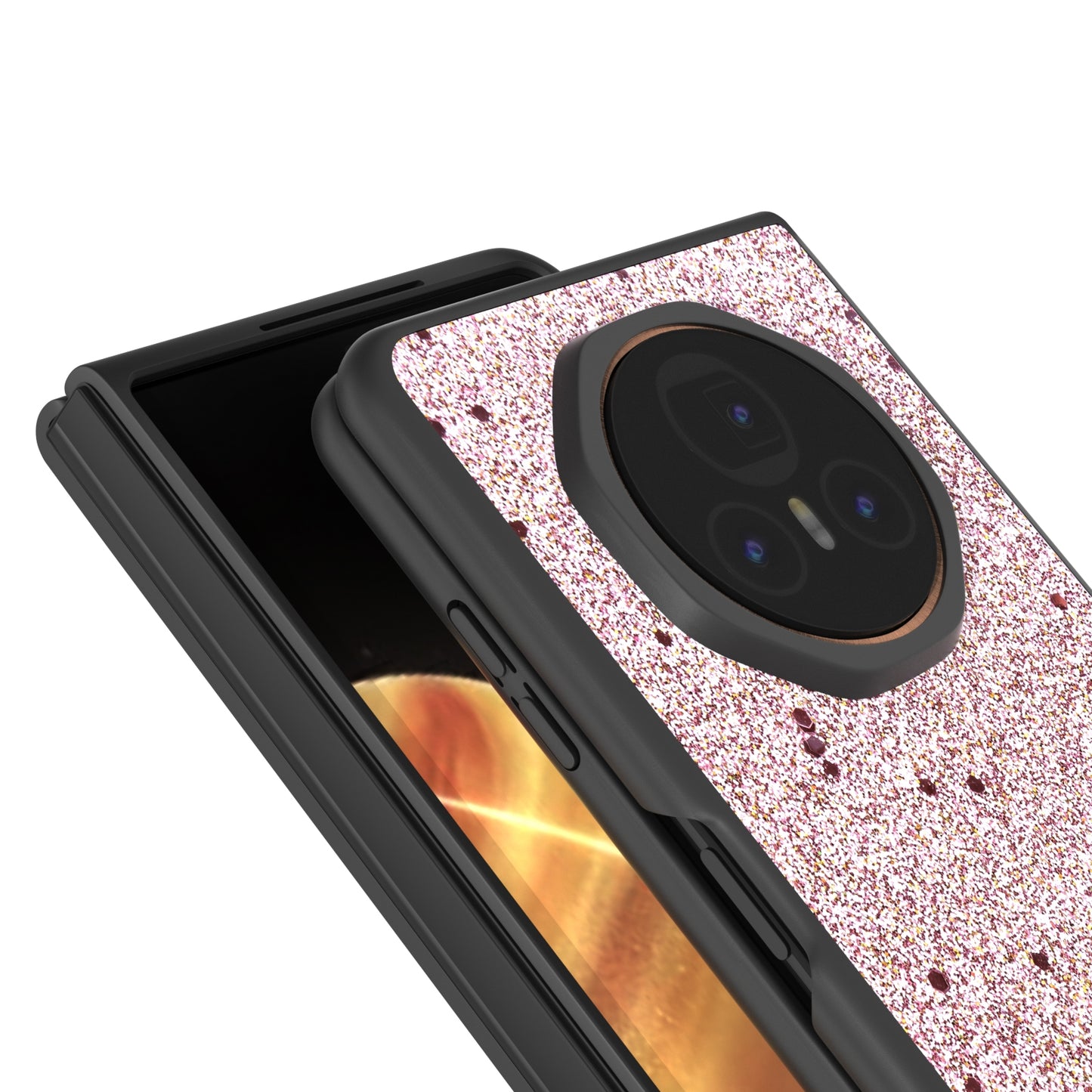 For Honor Magic V3 Black Frame Glitter Shockproof Phone Case(Gold Pink)