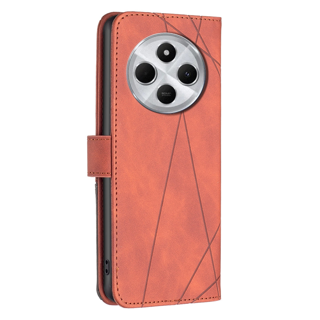 For Redmi 14C 4G Magnetic Buckle Rhombus Texture Leather Phone Case(Brown)