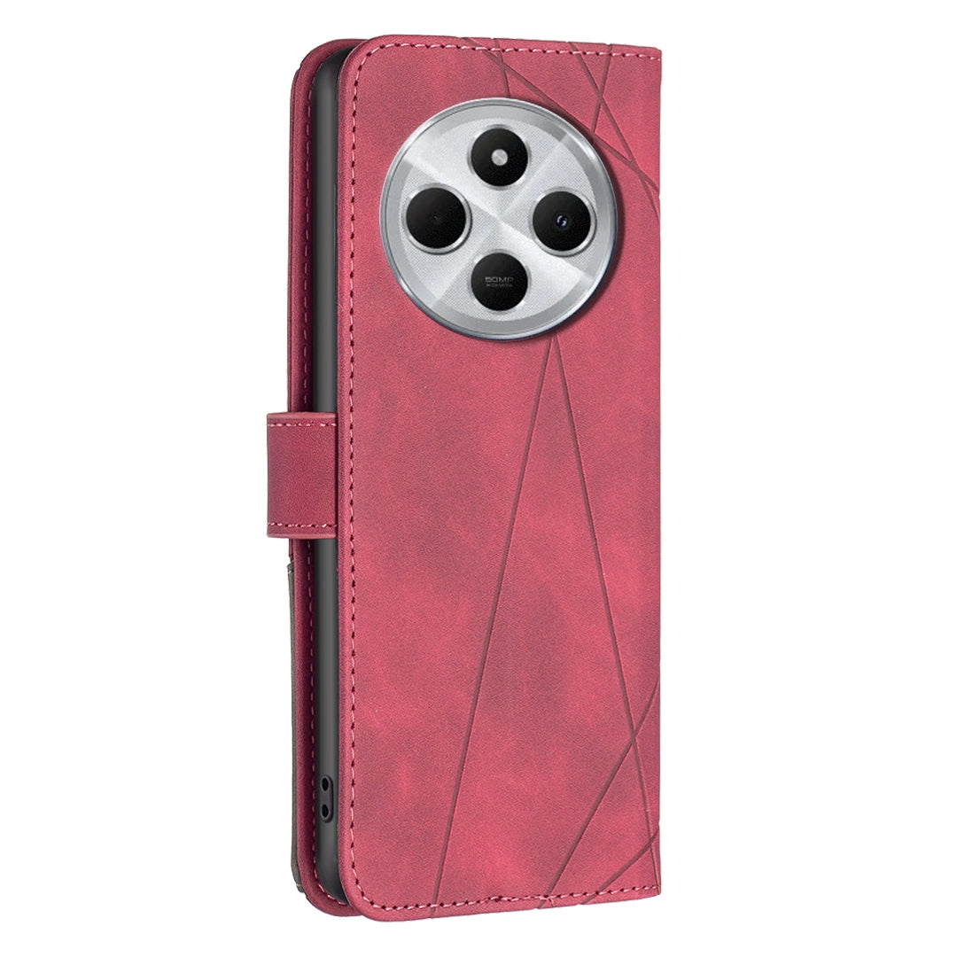 For Redmi 14C 4G Magnetic Buckle Rhombus Texture Leather Phone Case(Red)